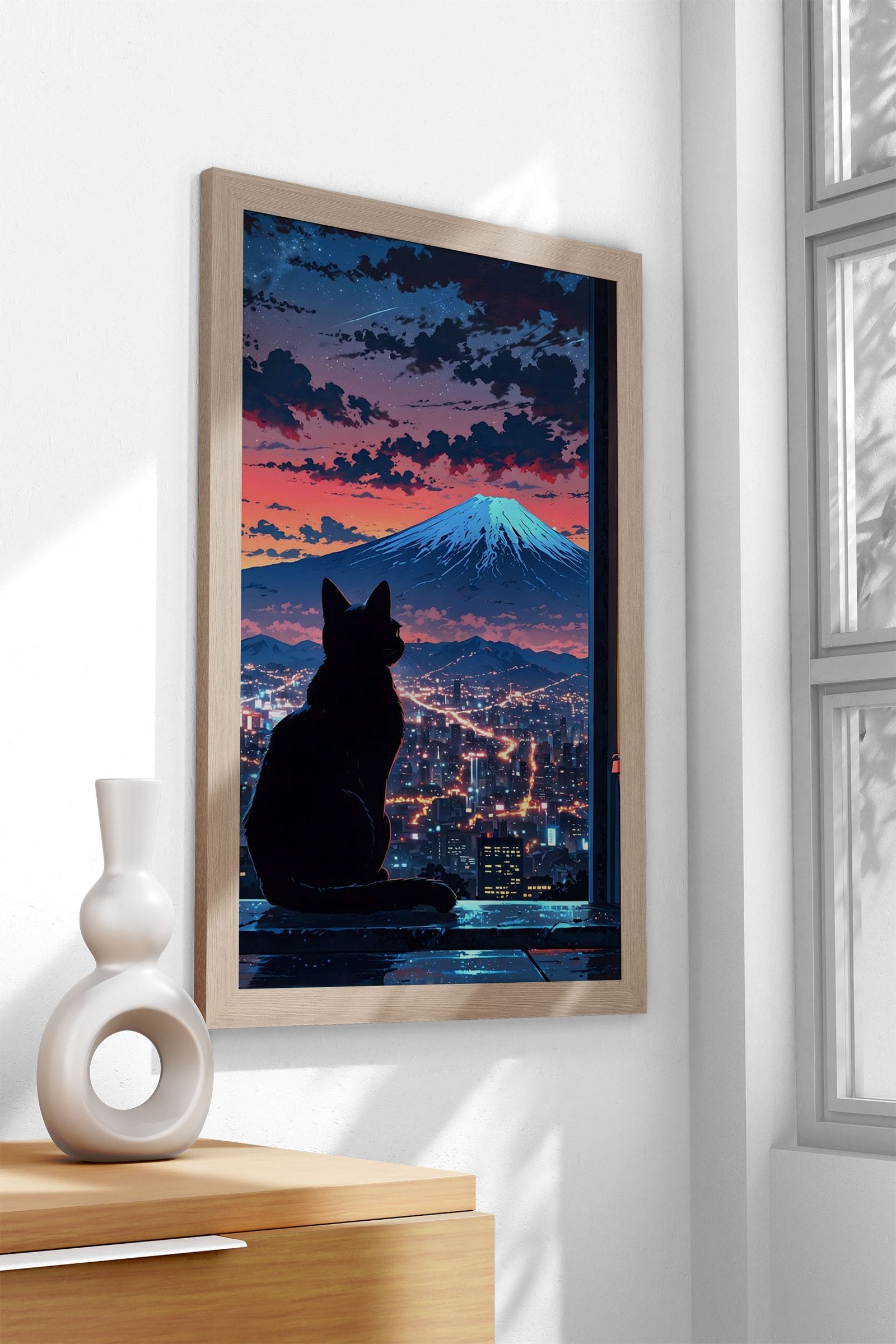 Neon Tokyo Black Cat Sits Asian Style Poster |  Wall Art for Home & Office | High-Quality Print - High-Quality Visual Display