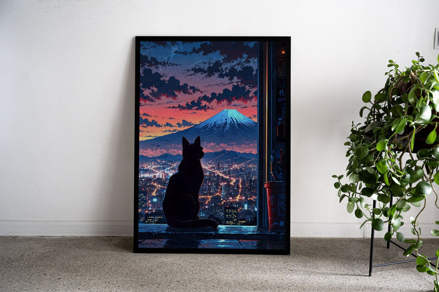 Neon Tokyo Black Cat Sits Asian Style Poster |  Wall Art for Home & Office | High-Quality Print - High-Quality Visual Display