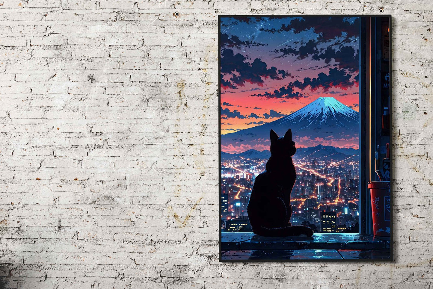 Neon Tokyo Black Cat Sits Asian Style Poster |  Wall Art for Home & Office | High-Quality Print - High-Quality Visual Display
