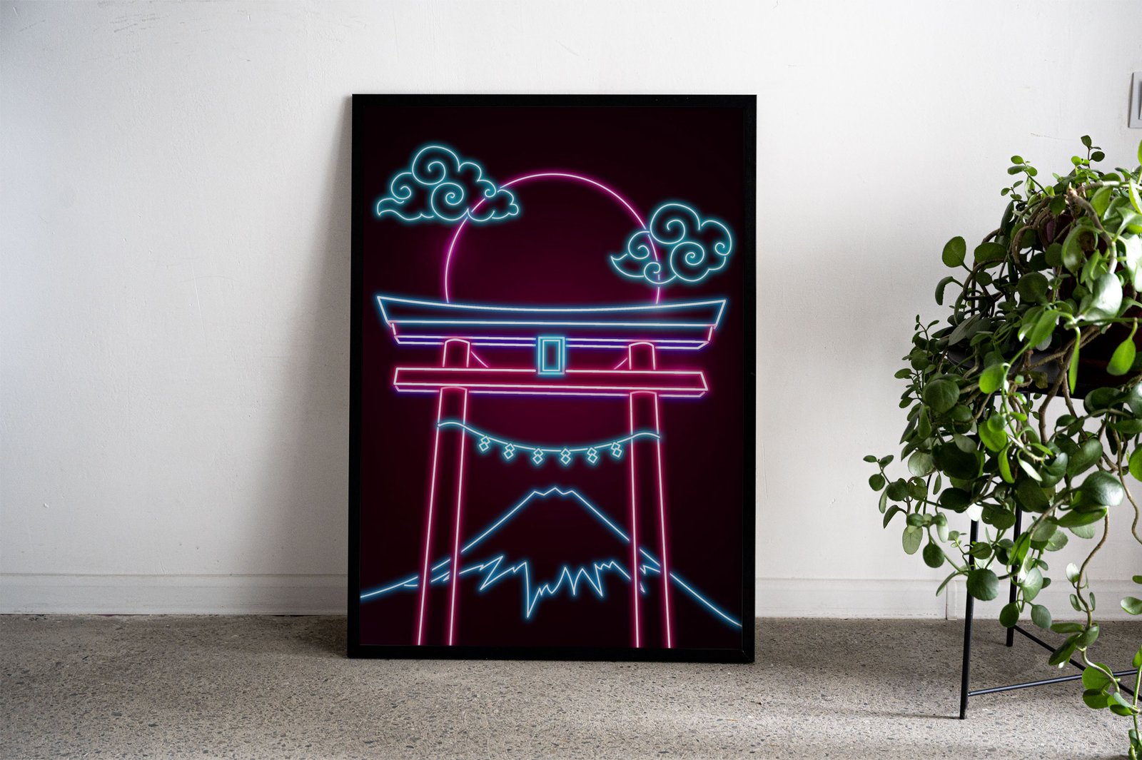 Neon Torii Gate Night Full Moon Asian Style Po ster | Wall Art for Home & Office | High-Quality Print - High-Quality Visual Display