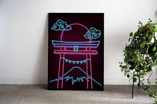 Neon Torii Gate Night Full Moon Asian Style Po ster | Wall Art for Home & Office | High-Quality Print - High-Quality Visual Display