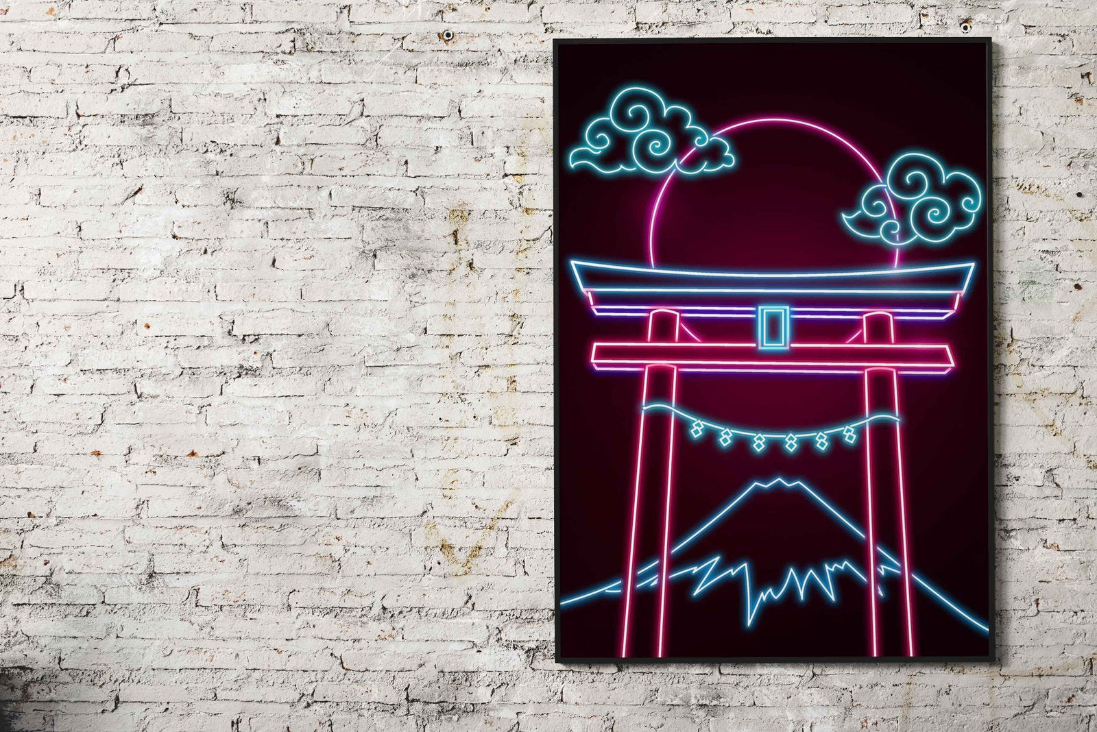 Neon Torii Gate Night Full Moon Asian Style Po ster | Wall Art for Home & Office | High-Quality Print - High-Quality Visual Display