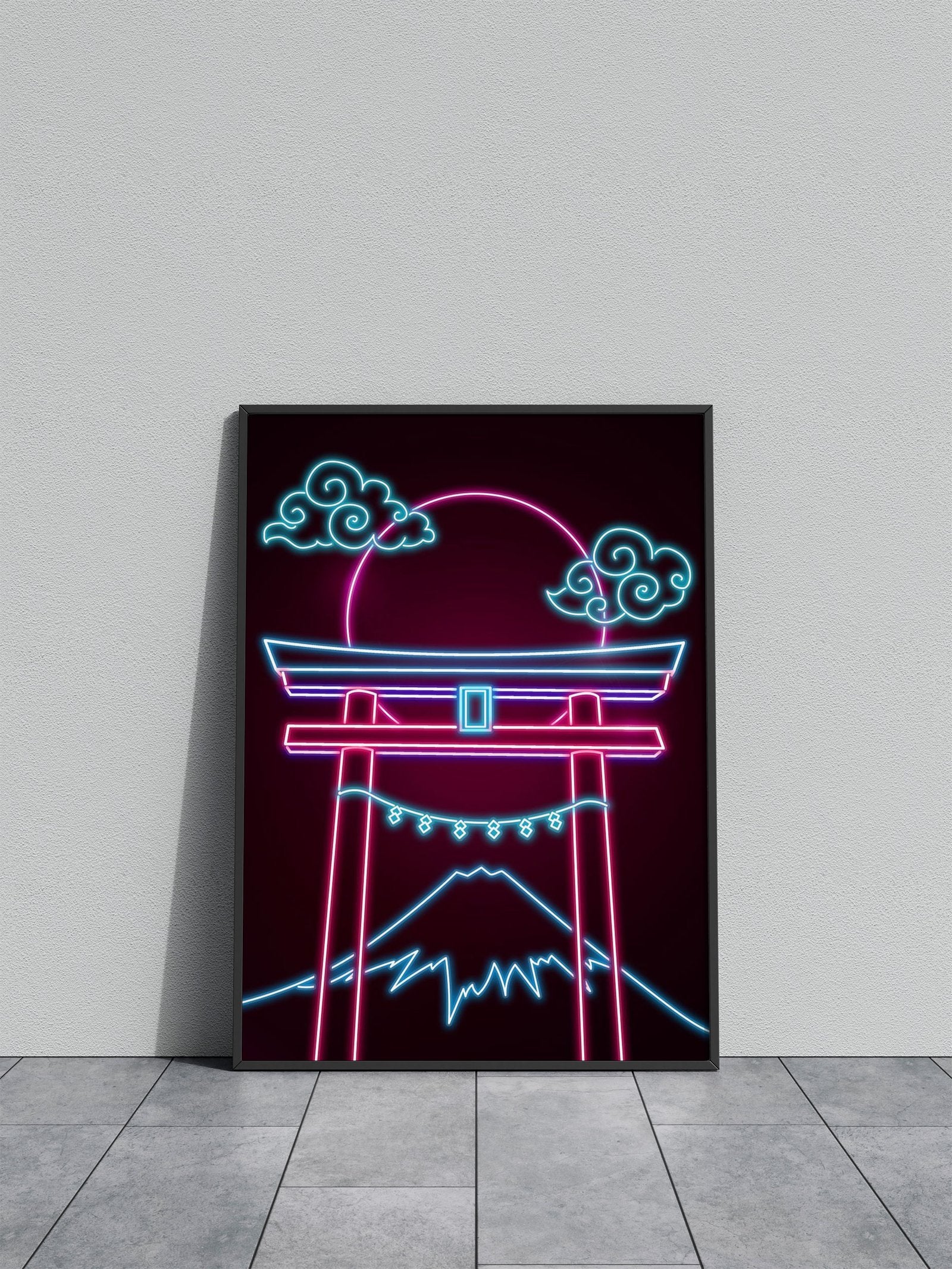 Neon Torii Gate Night Full Moon Asian Style Po ster | Wall Art for Home & Office | High-Quality Print - High-Quality Visual Display