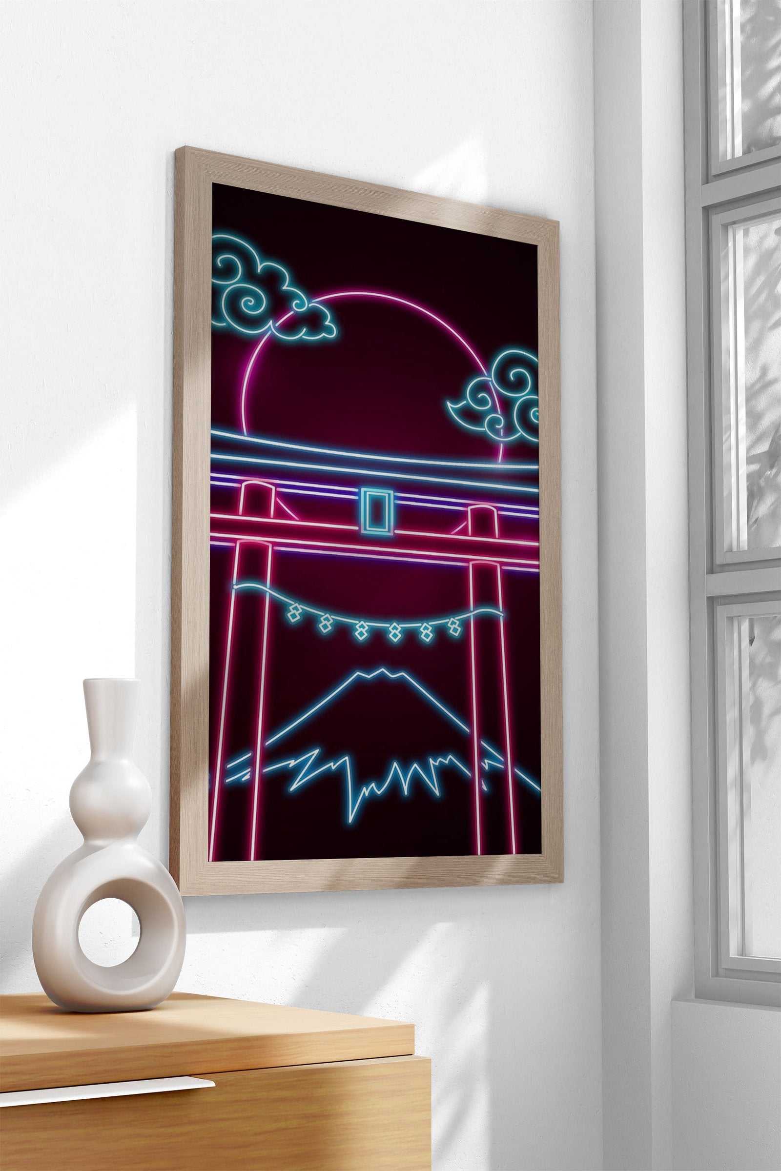 Neon Torii Gate Night Full Moon Asian Style Po ster | Wall Art for Home & Office | High-Quality Print - High-Quality Visual Display