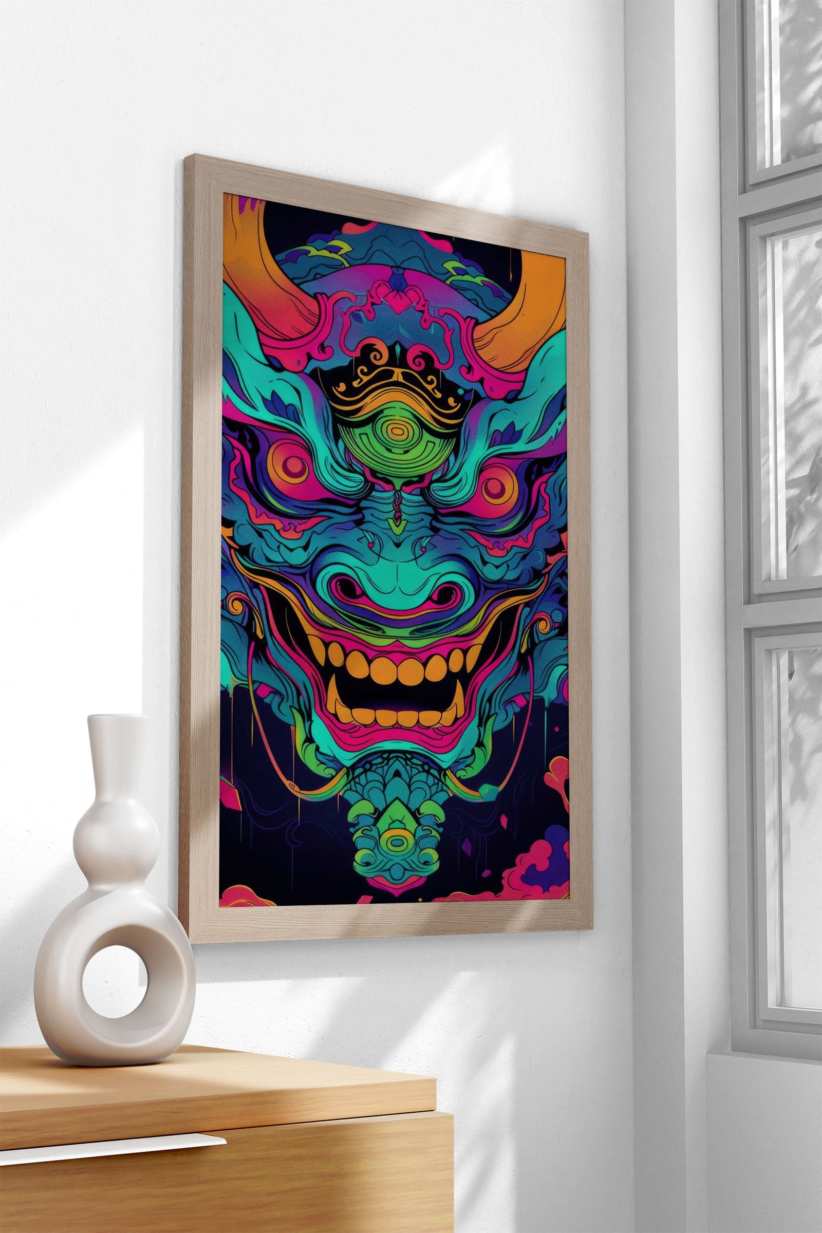 Neon Turquoise Oni Yokai Asian Style Poster |  Wall Art for Home & Office | High-Quality Print - High-Quality Visual Display