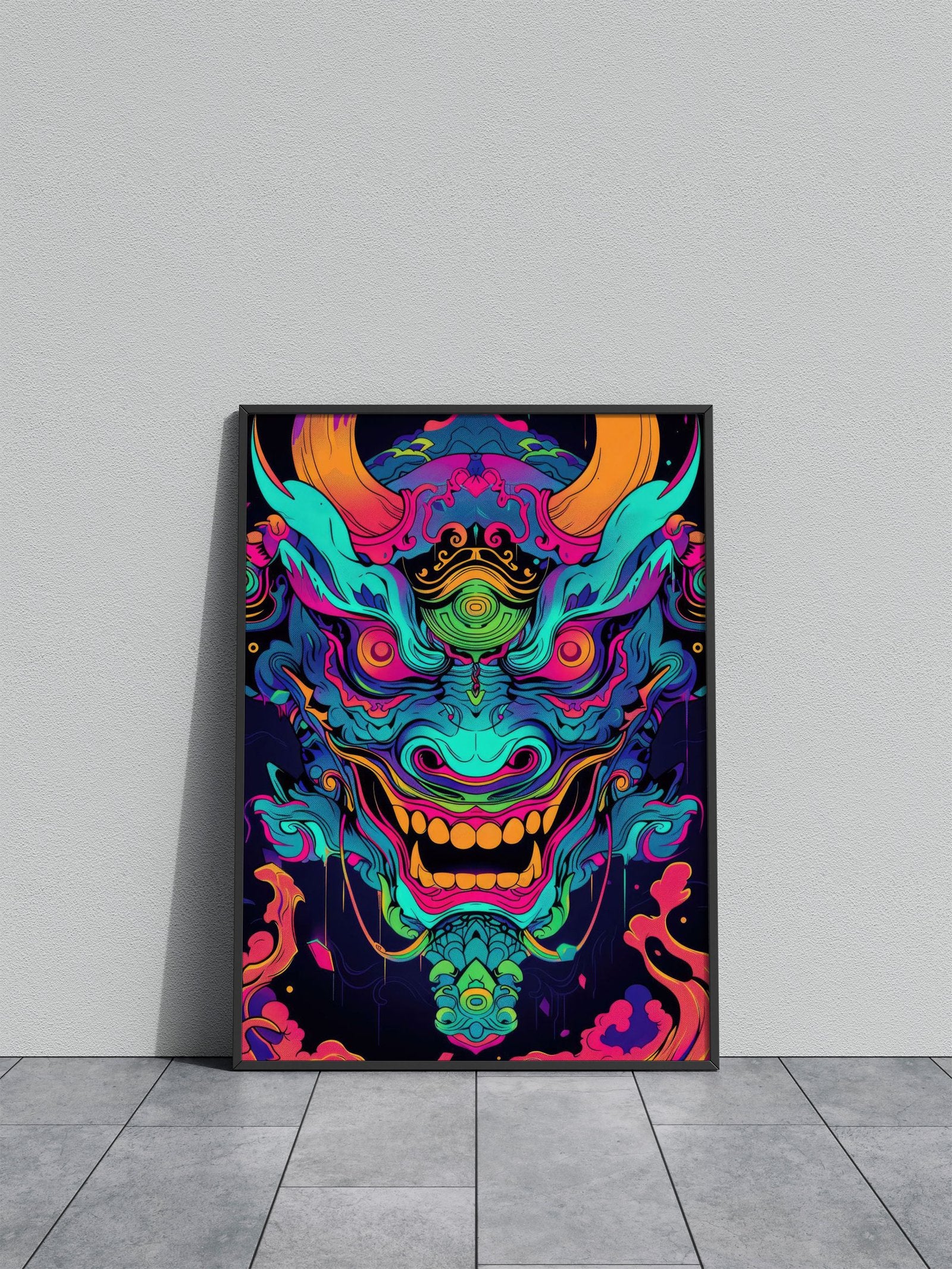 Neon Turquoise Oni Yokai Asian Style Poster |  Wall Art for Home & Office | High-Quality Print - High-Quality Visual Display