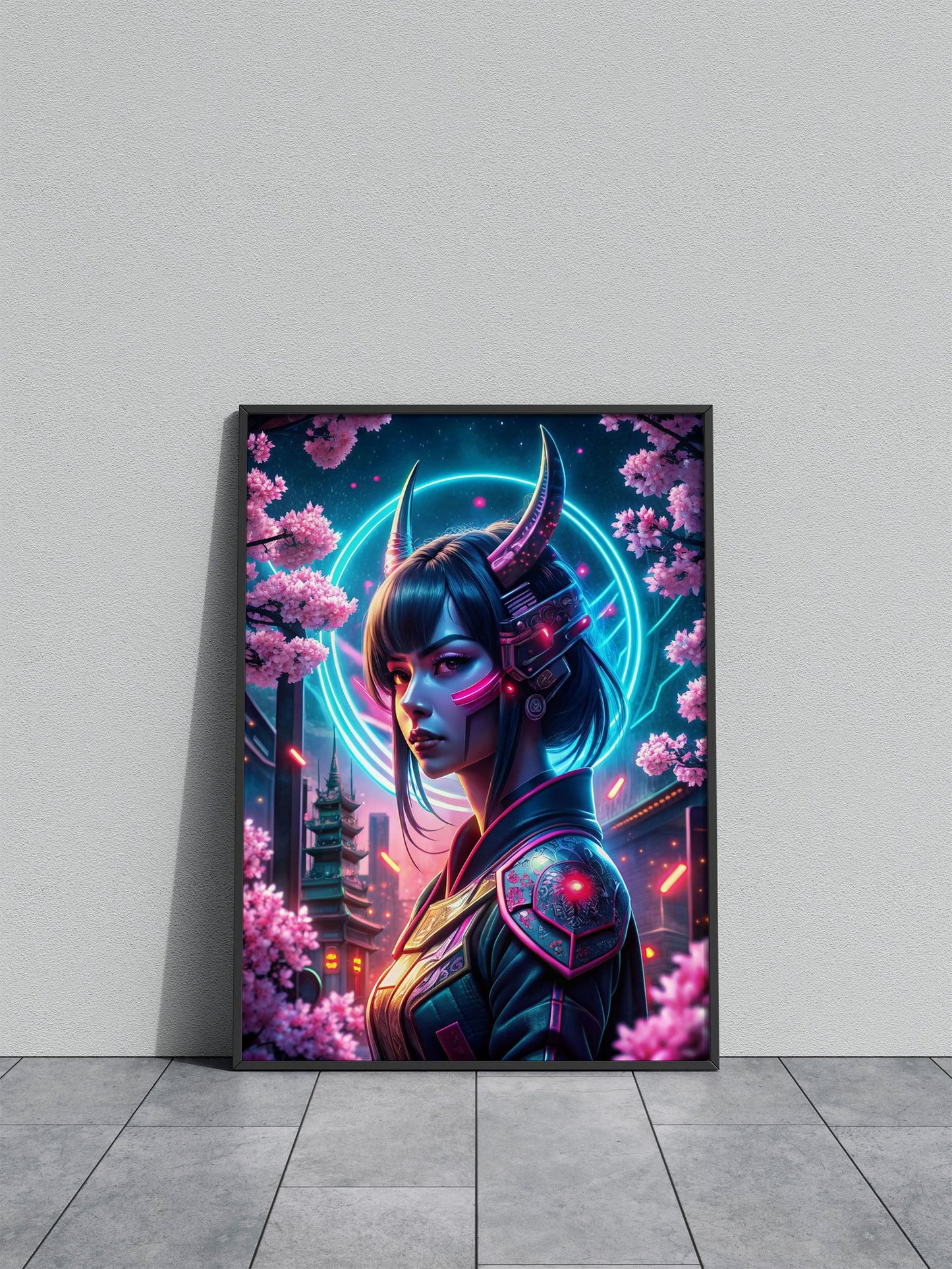 Neon japanese samurai girl Asian Style Poster  | Wall Art for Home & Office | High-Quality Print - High-Quality Visual Display