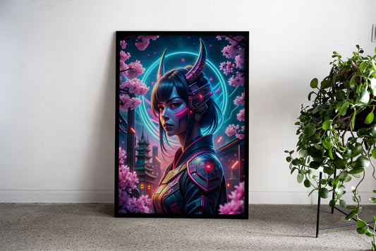 Neon japanese samurai girl Asian Style Poster  | Wall Art for Home & Office | High-Quality Print - High-Quality Visual Display