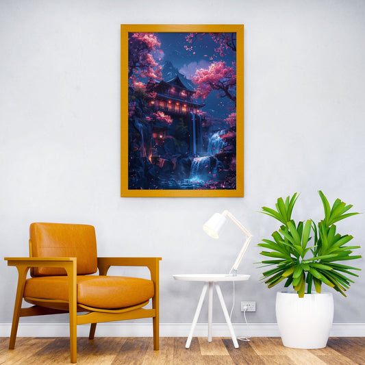 Neon Waterfall Temple Asian Style Poster | Wa ll Art for Home & Office | High-Quality Print - High-Quality Visual Display