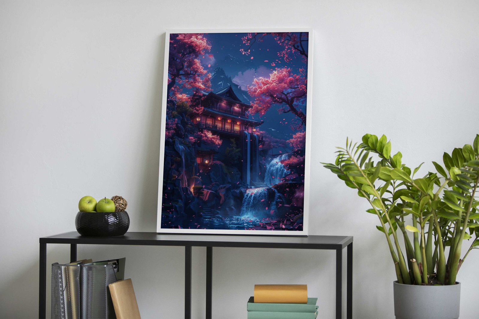 Neon Waterfall Temple Asian Style Poster | Wa ll Art for Home & Office | High-Quality Print - High-Quality Visual Display