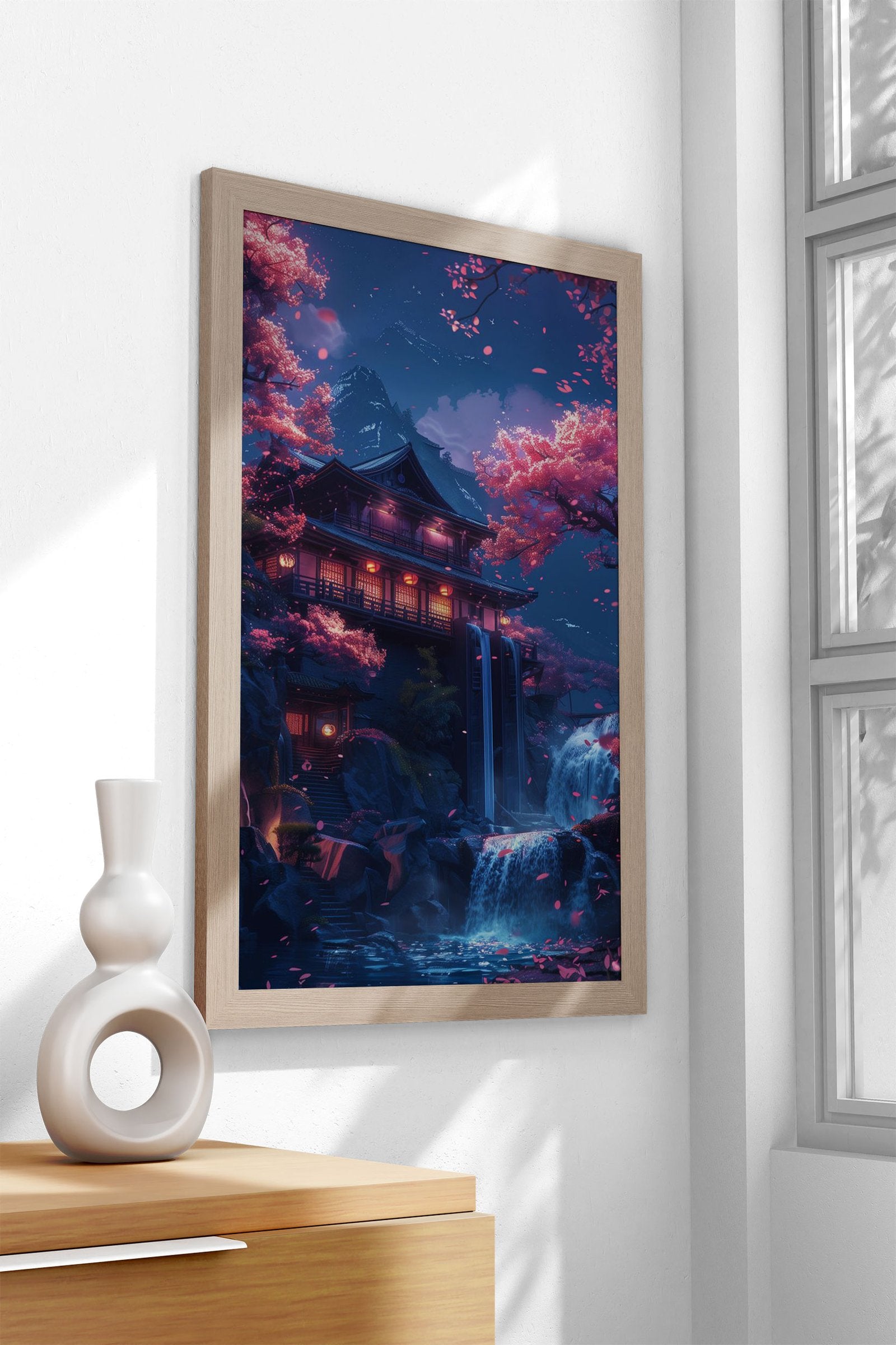 Neon Waterfall Temple Asian Style Poster | Wa ll Art for Home & Office | High-Quality Print - High-Quality Visual Display