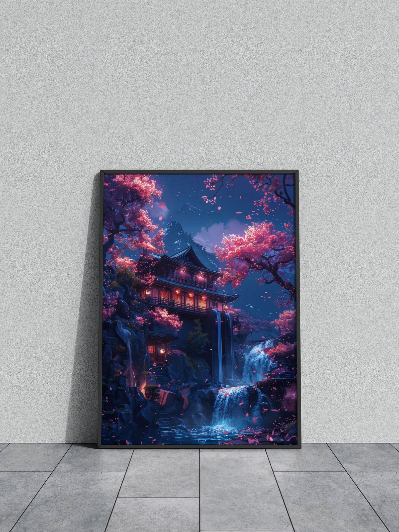 Neon Waterfall Temple Asian Style Poster | Wa ll Art for Home & Office | High-Quality Print - High-Quality Visual Display