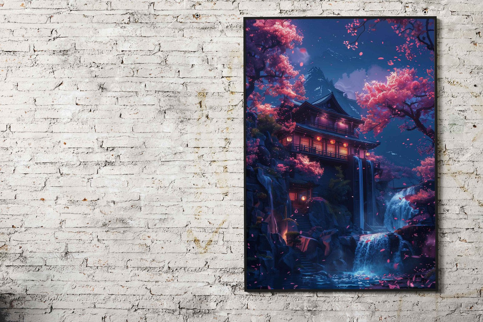 Neon Waterfall Temple Asian Style Poster | Wa ll Art for Home & Office | High-Quality Print - High-Quality Visual Display
