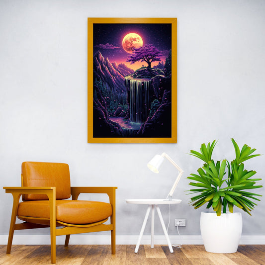 Night Waterfall with Cherry Blossom Tree Asia n Style Poster | Wall Art for Home & Office | High-Quality Print - High-Quality Visual Display