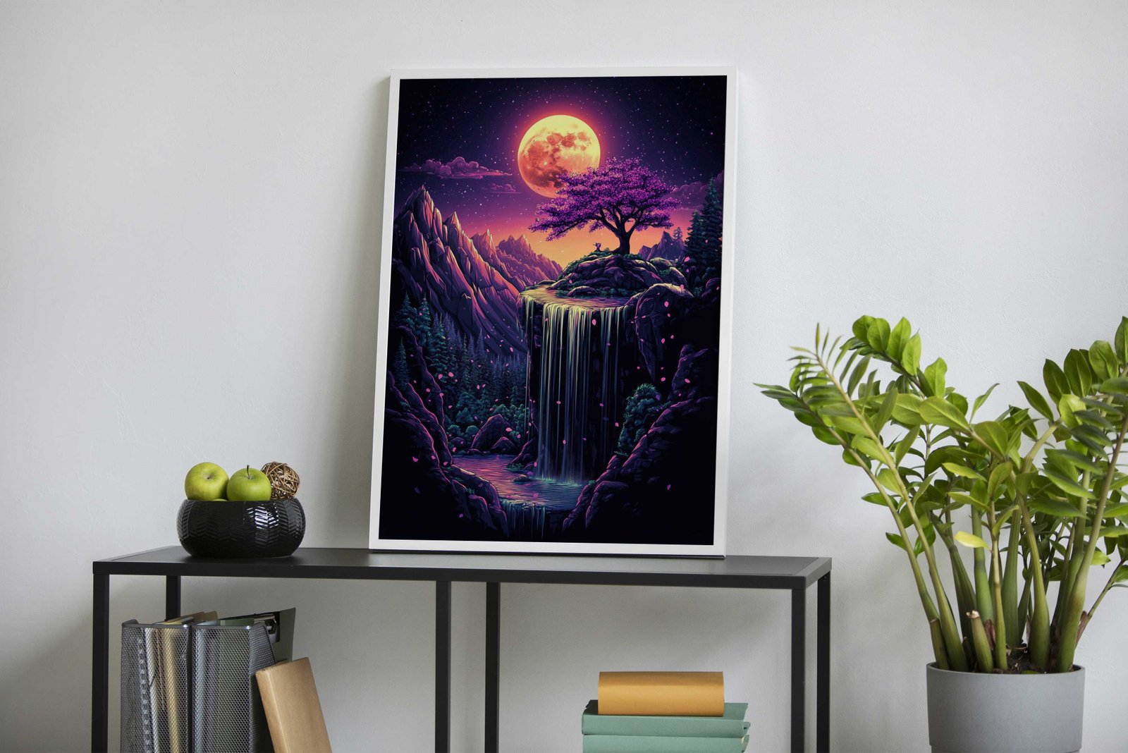 Night Waterfall with Cherry Blossom Tree Asia n Style Poster | Wall Art for Home & Office | High-Quality Print - High-Quality Visual Display