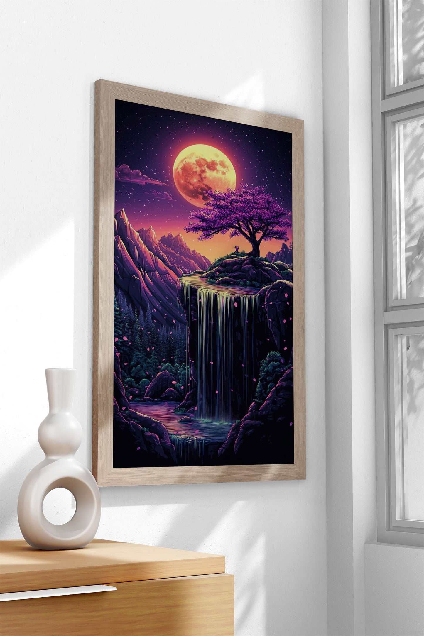 Night Waterfall with Cherry Blossom Tree Asia n Style Poster | Wall Art for Home & Office | High-Quality Print - High-Quality Visual Display