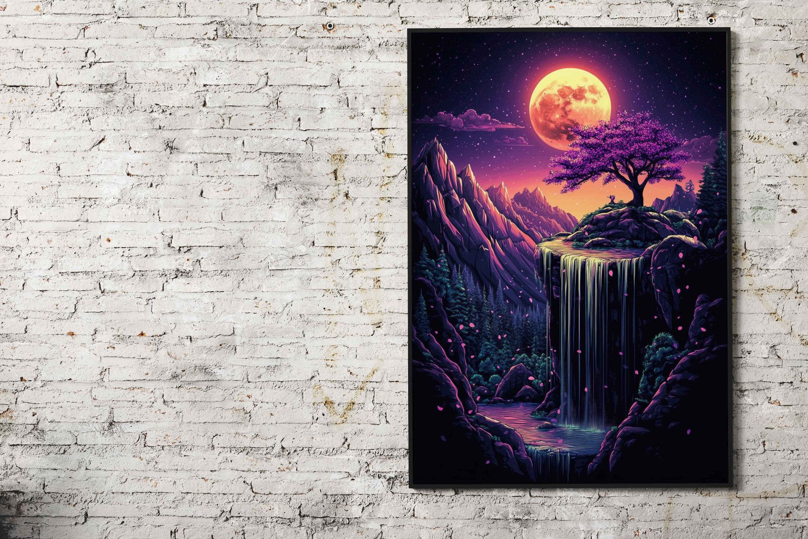Night Waterfall with Cherry Blossom Tree Asia n Style Poster | Wall Art for Home & Office | High-Quality Print - High-Quality Visual Display