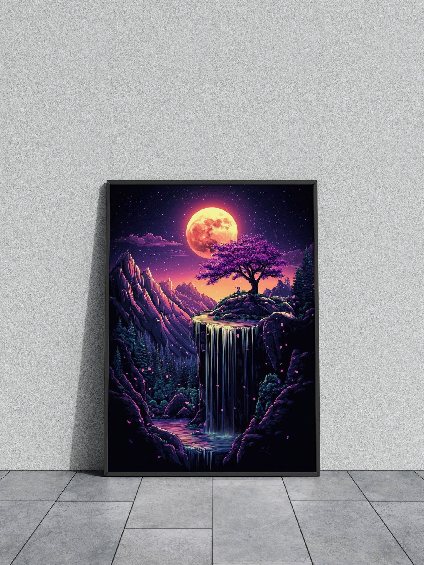 Night Waterfall with Cherry Blossom Tree Asia n Style Poster | Wall Art for Home & Office | High-Quality Print - High-Quality Visual Display
