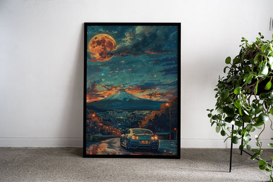 Nissan R35 Fuji night moon Asian Style Poster | Wall Art for Home & Office | High-Quality Print - High-Quality Premium Wall Art Decor Sticker