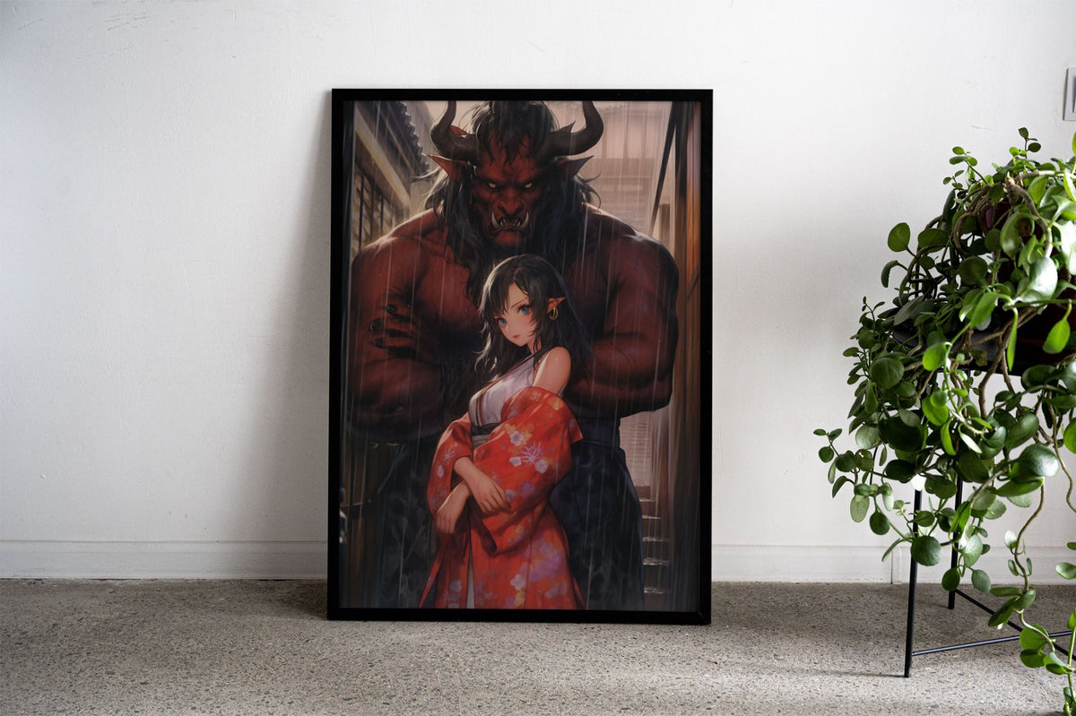 Oni girl orange Asian Style Poster | Wall Art for  Home & Office | High-Quality Print - High-Quality Premium Wall Art Decor Sticker