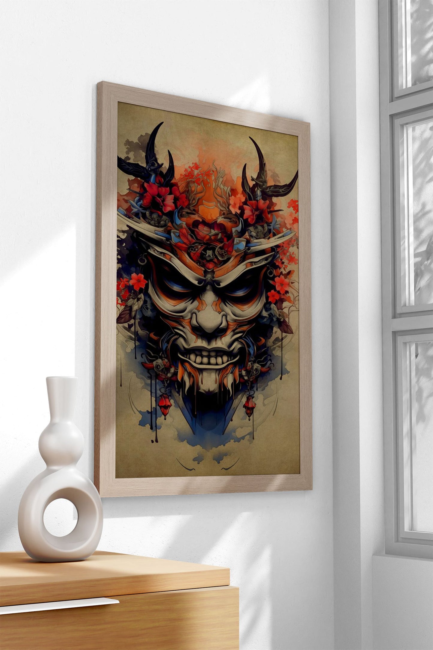 Oni Samurai Red Flower Asian Style Poster | W all Art for Home & Office | High-Quality Print