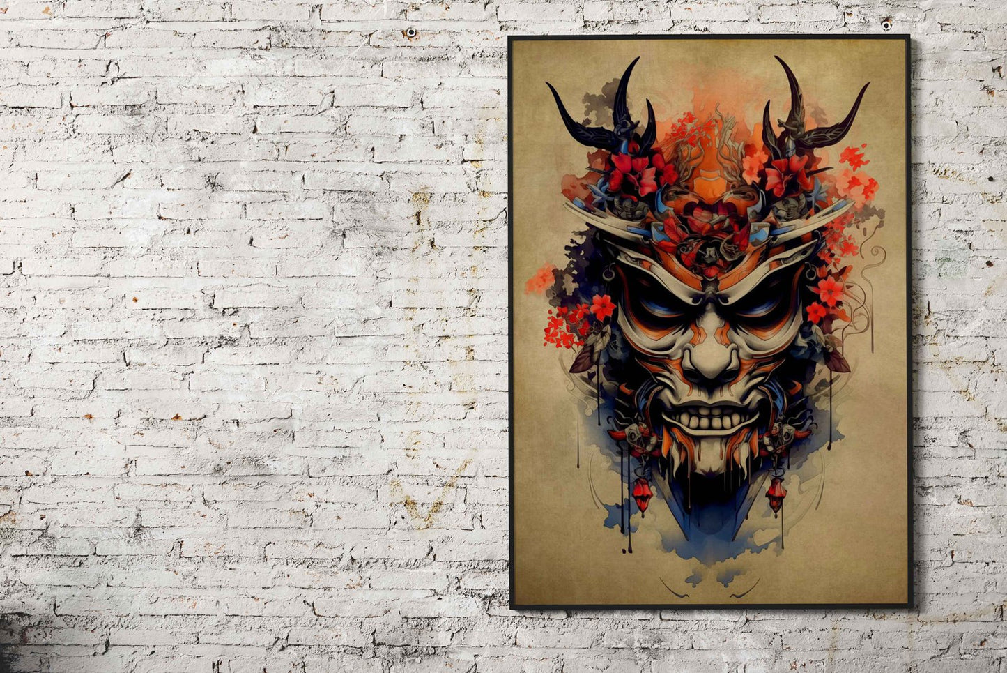 Oni Samurai Red Flower Asian Style Poster | W all Art for Home & Office | High-Quality Print