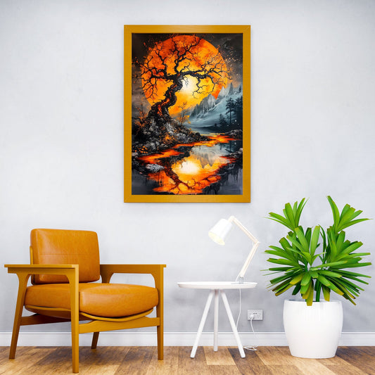Orange Moon Landscape Asian Style Poster |  Wall Art for Home & Office | High-Quality Print