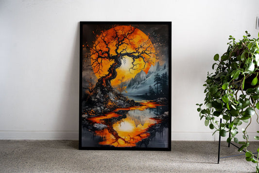 Orange Moon Landscape Asian Style Poster |  Wall Art for Home & Office | High-Quality Print