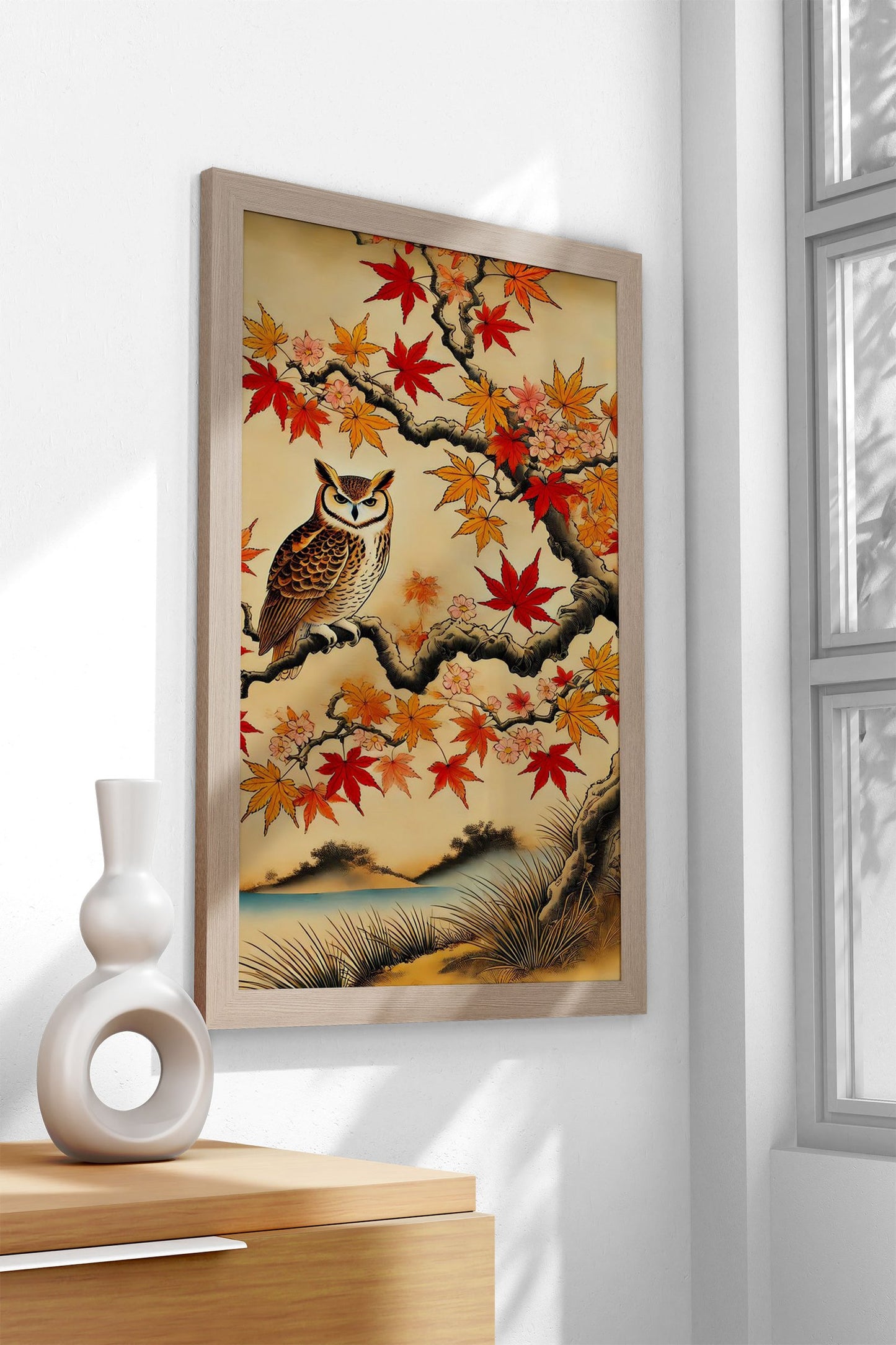 Owl in fall japanse Asian Style Poster | Wall Art  for Home & Office | High-Quality Print