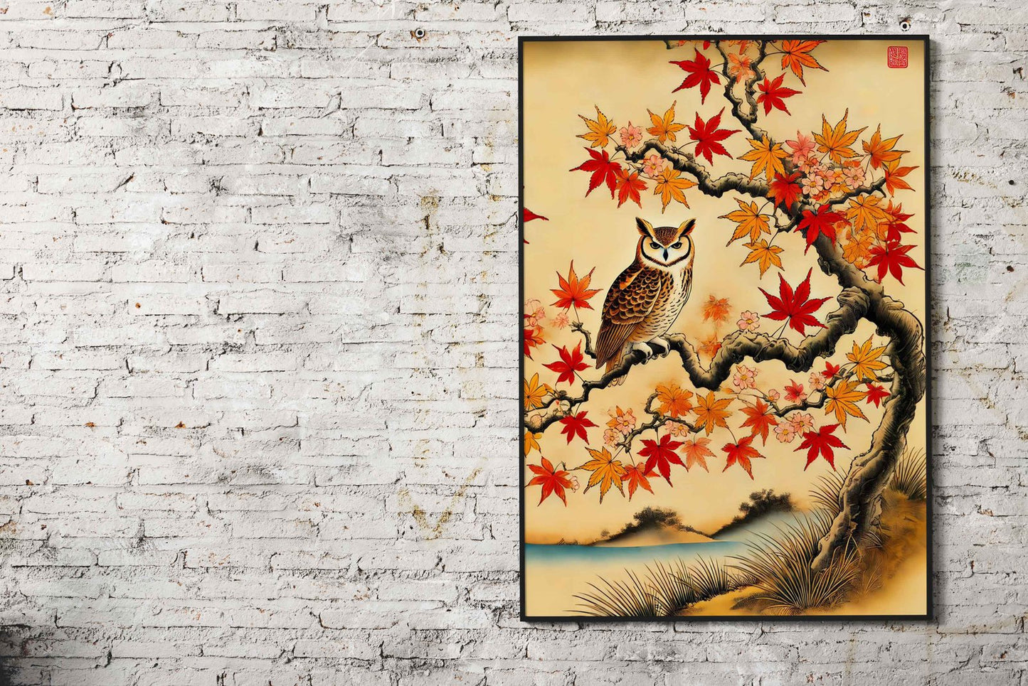 Owl in fall japanse Asian Style Poster | Wall Art  for Home & Office | High-Quality Print