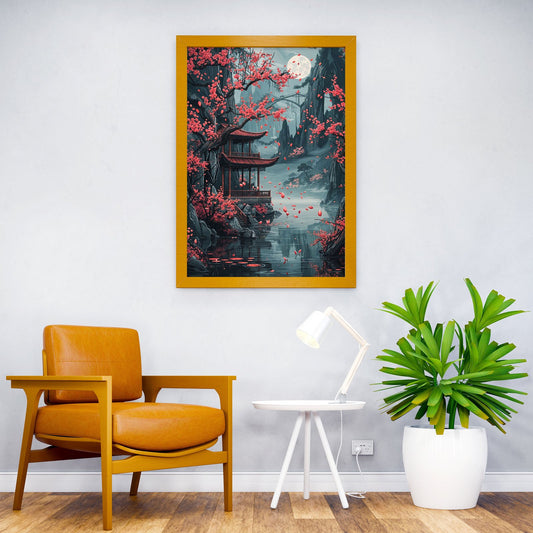 Pagoda Cherry Blossom Asian Style Poster | W all Art for Home & Office | High-Quality Print