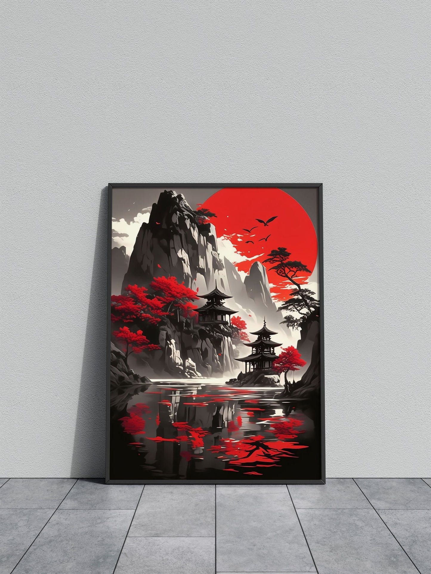Pagoda Mountain Sun Asian Style Poster | Wal l Art for Home & Office | High-Quality Print