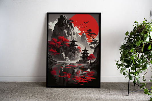 Pagoda Mountain Sun Asian Style Poster | Wal l Art for Home & Office | High-Quality Print