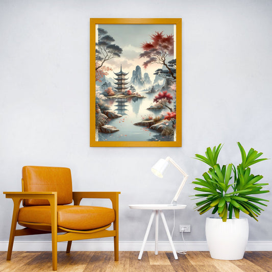 Pagoda by Misty Lake Asian Style Poster | Wall Art for Home & Office | High-Quality Print