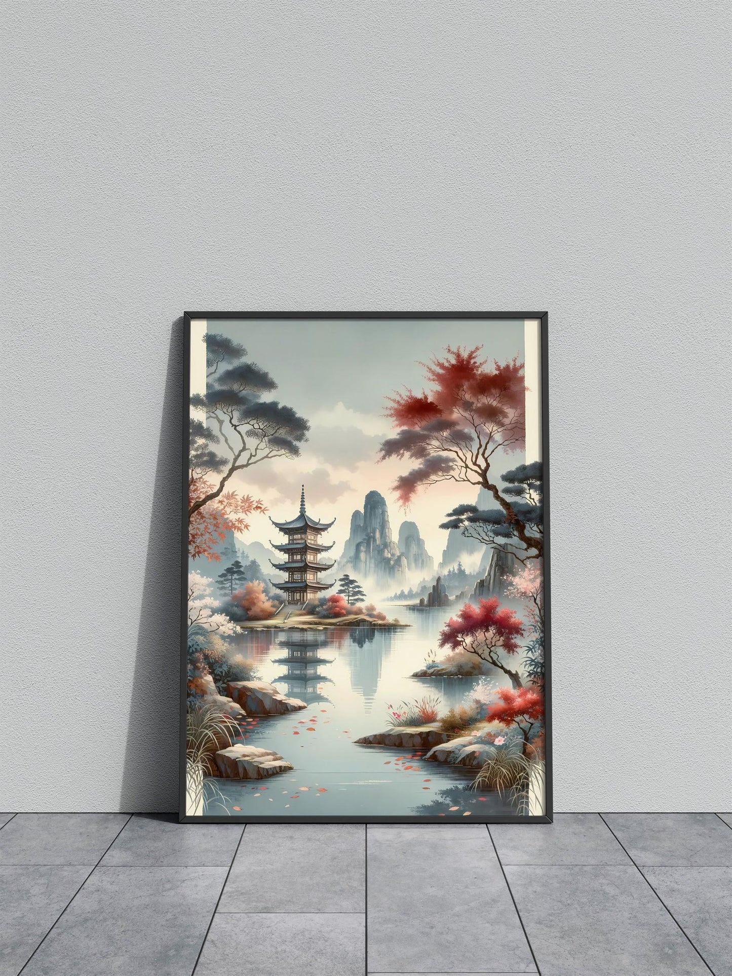 Pagoda by Misty Lake Asian Style Poster | Wall Art for Home & Office | High-Quality Print