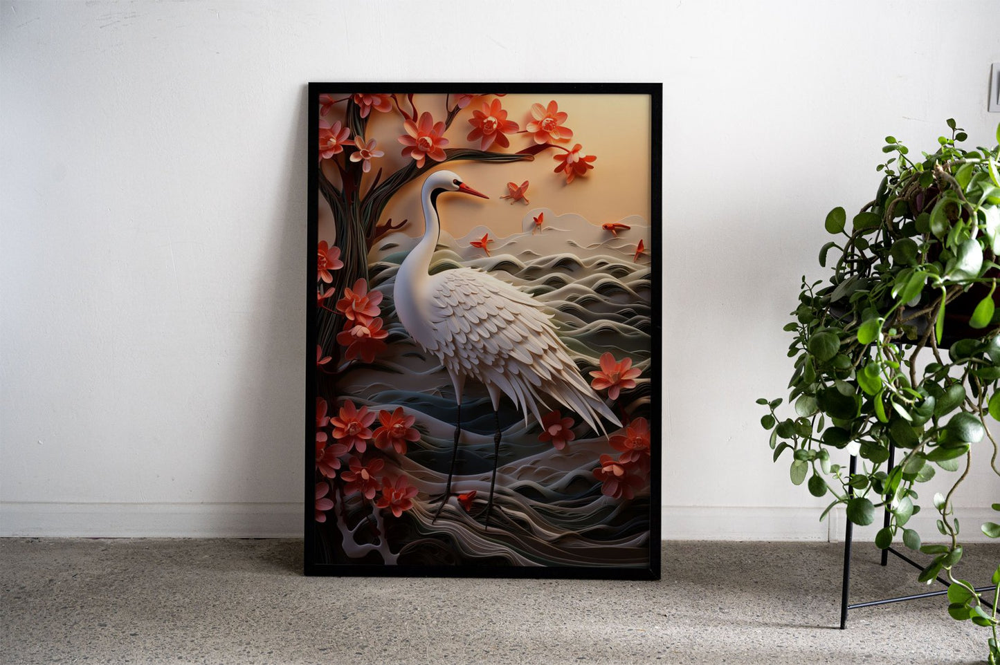 Paper Crane and Flowers Asian Style Poster |  Wall Art for Home & Office | High-Quality Print