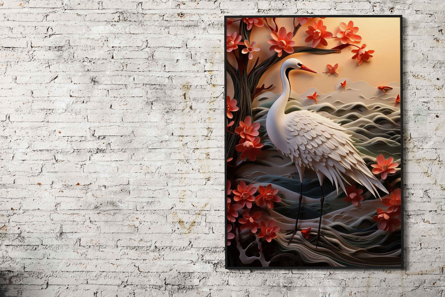 Paper Crane and Flowers Asian Style Poster |  Wall Art for Home & Office | High-Quality Print