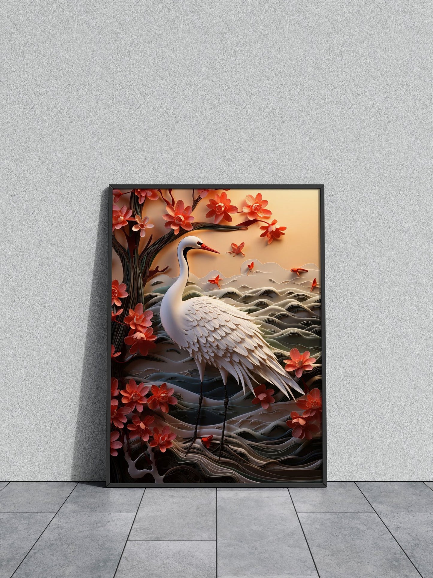 Paper Crane and Flowers Asian Style Poster |  Wall Art for Home & Office | High-Quality Print