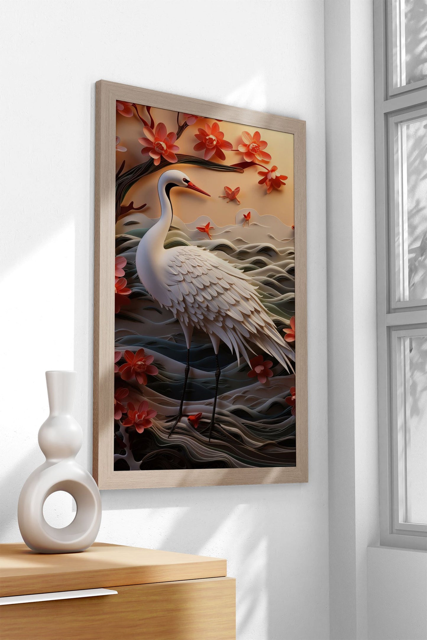 Paper Crane and Flowers Asian Style Poster |  Wall Art for Home & Office | High-Quality Print