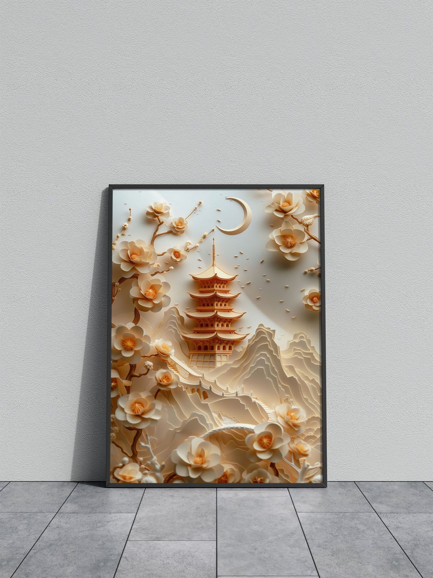 Papercraft Pagoda Landscape Asian Style Pos ter | Wall Art for Home & Office | High-Quality Print