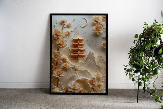 Papercraft Pagoda Landscape Asian Style Pos ter | Wall Art for Home & Office | High-Quality Print