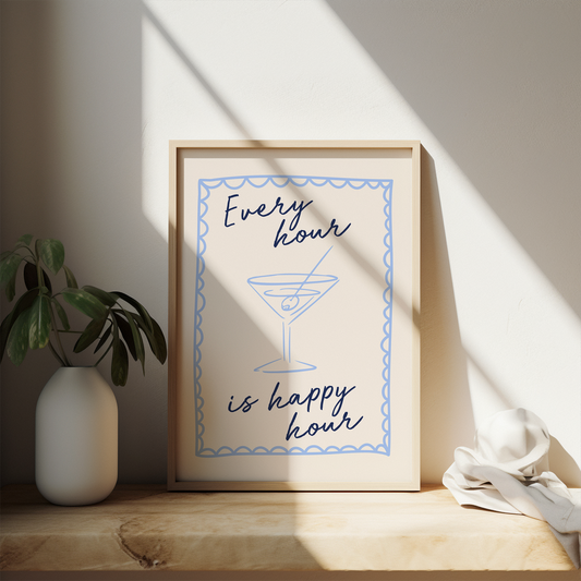 Every Hour Is Happy Hour | Cornflower Blue, Navy and Cream | Art Print - High-Quality Premium Wall Art Decor Sticker