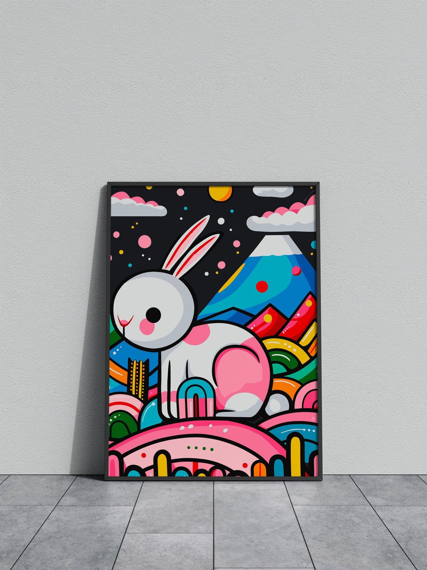 Pink Blue Rabbit Japanese Asian Style Poster |  Wall Art for Home & Office | High-Quality Print