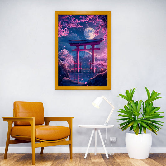 Pink Flowers And lake Moon Asian Style Poste r | Wall Art for Home & Office | High-Quality Print