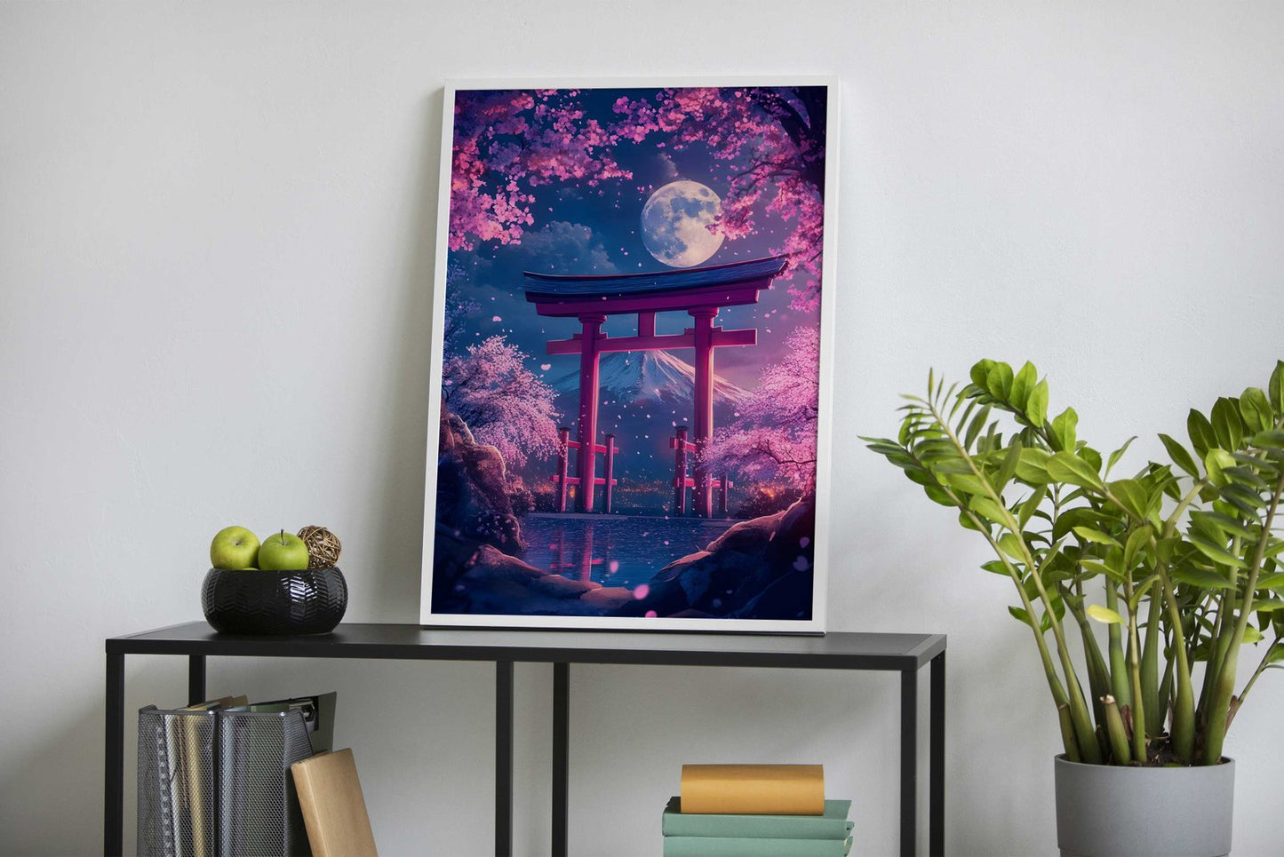 Pink Flowers And lake Moon Asian Style Poste r | Wall Art for Home & Office | High-Quality Print