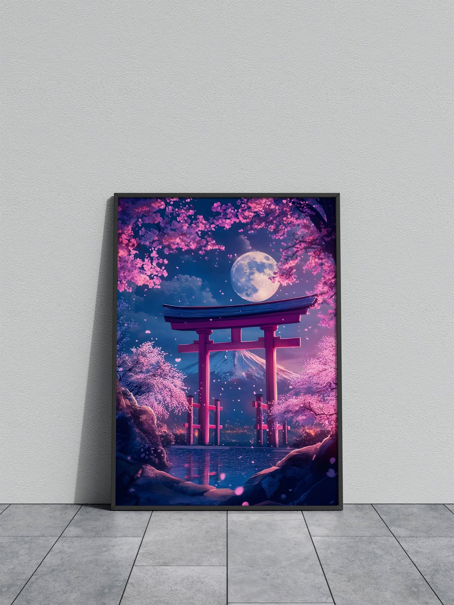 Pink Flowers And lake Moon Asian Style Poste r | Wall Art for Home & Office | High-Quality Print