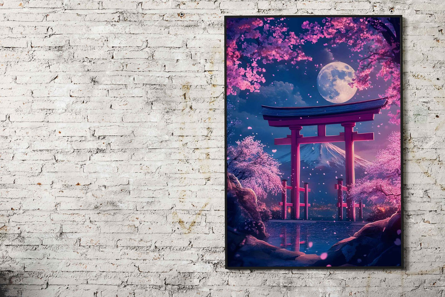 Pink Flowers And lake Moon Asian Style Poste r | Wall Art for Home & Office | High-Quality Print