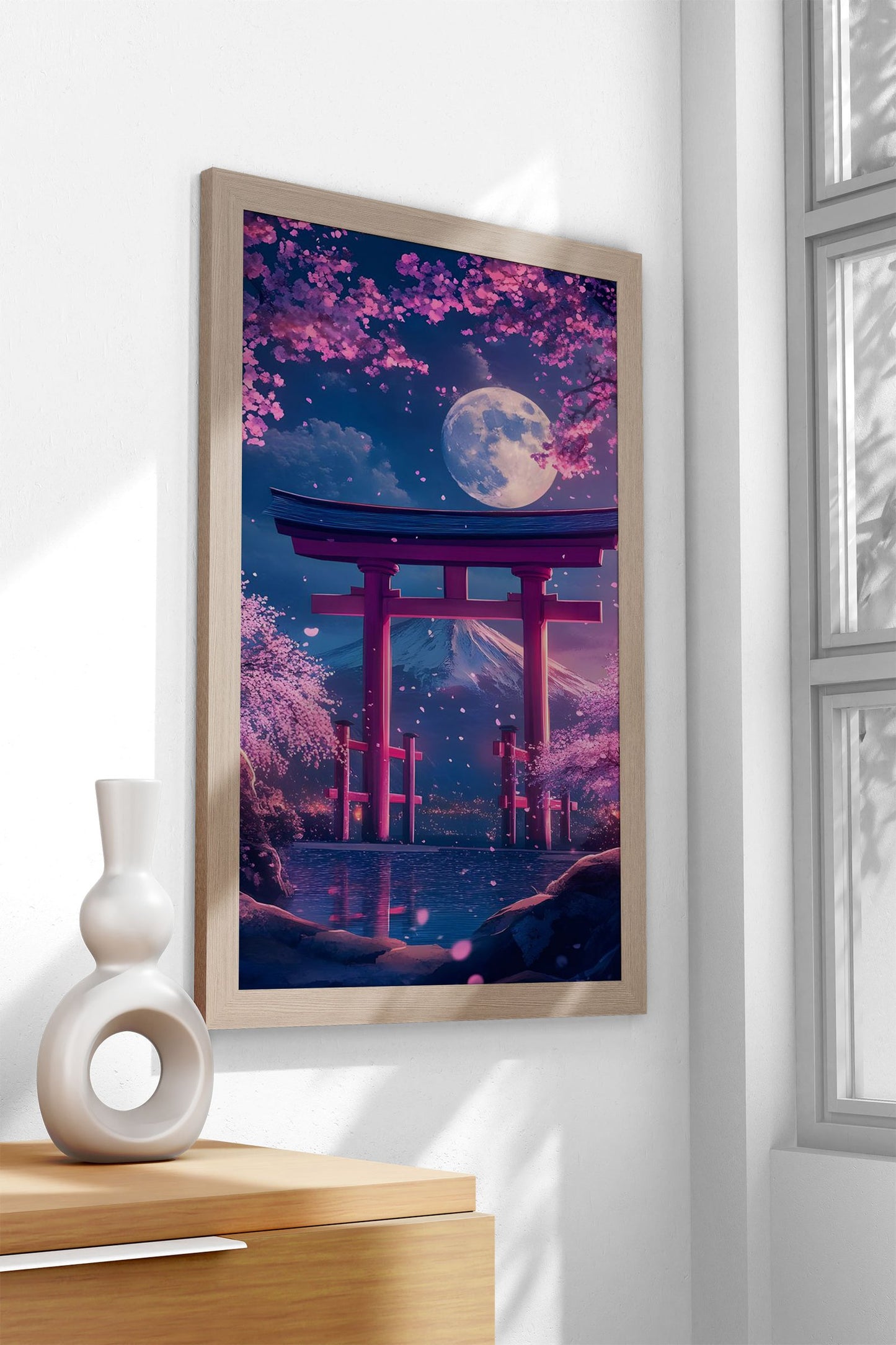 Pink Flowers And lake Moon Asian Style Poste r | Wall Art for Home & Office | High-Quality Print
