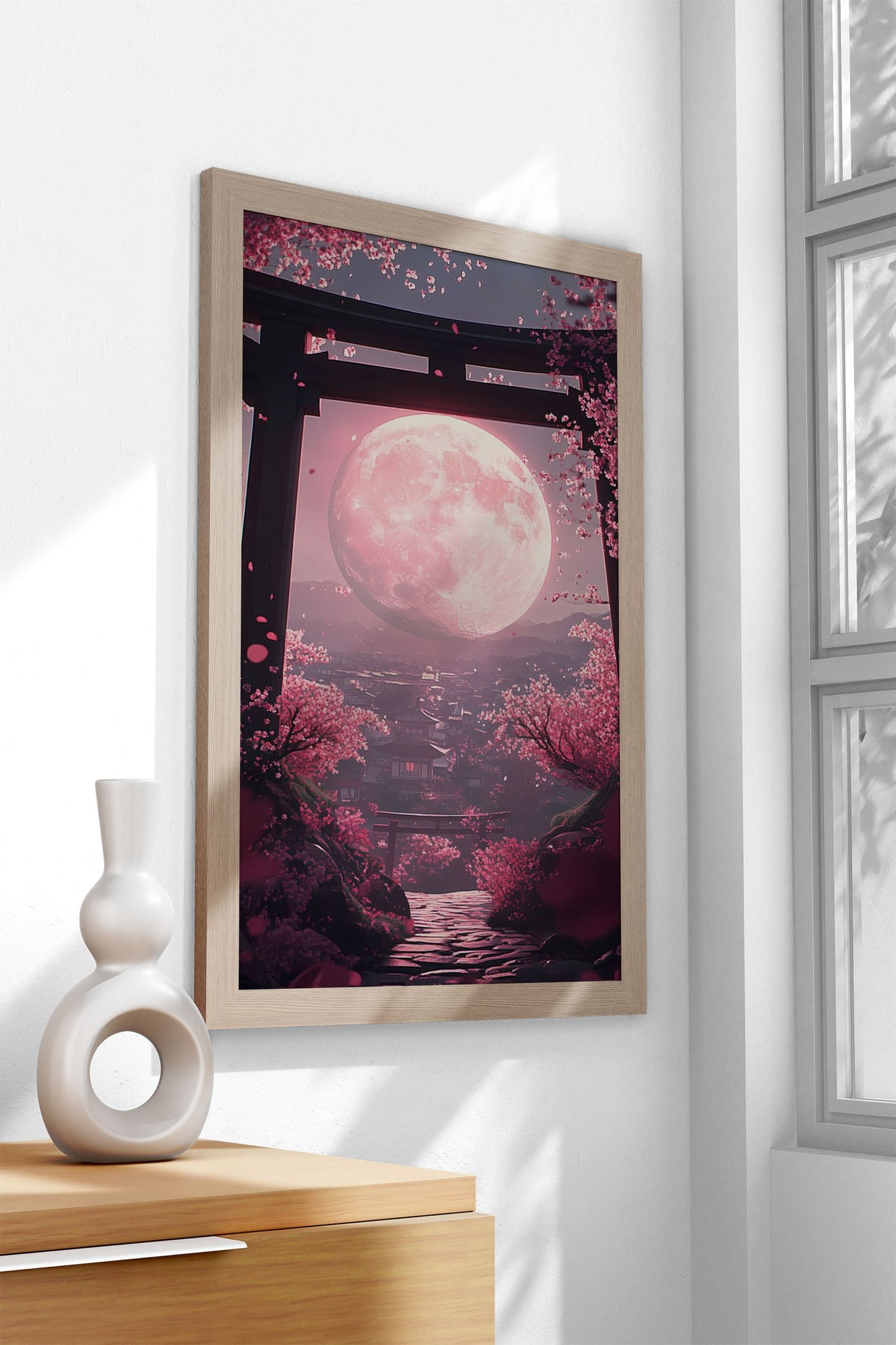 Pink Moon &amp; Cherry Blossoms Asian Styl e Poster | Wall Art for Home & Office | High-Quality Print
