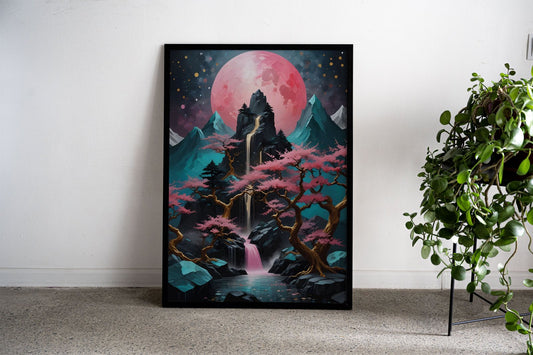 Pink Moon landscape Asian Style Poster | Wall  Art for Home & Office | High-Quality Print